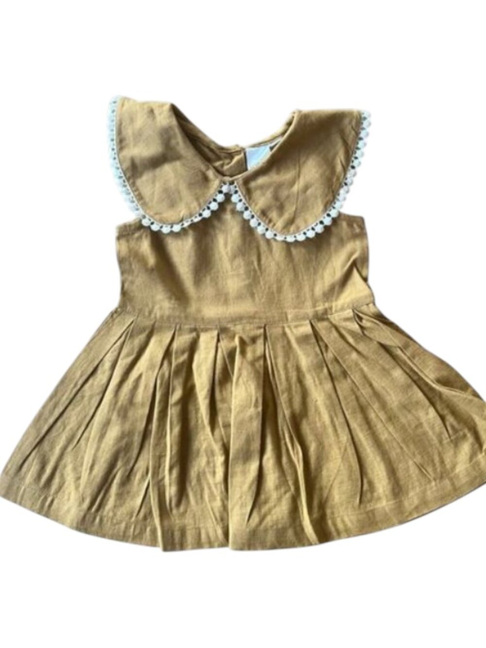 Yo Baby Linen Dress 6-9M Mustard Peter Pan Collar Lace Trim